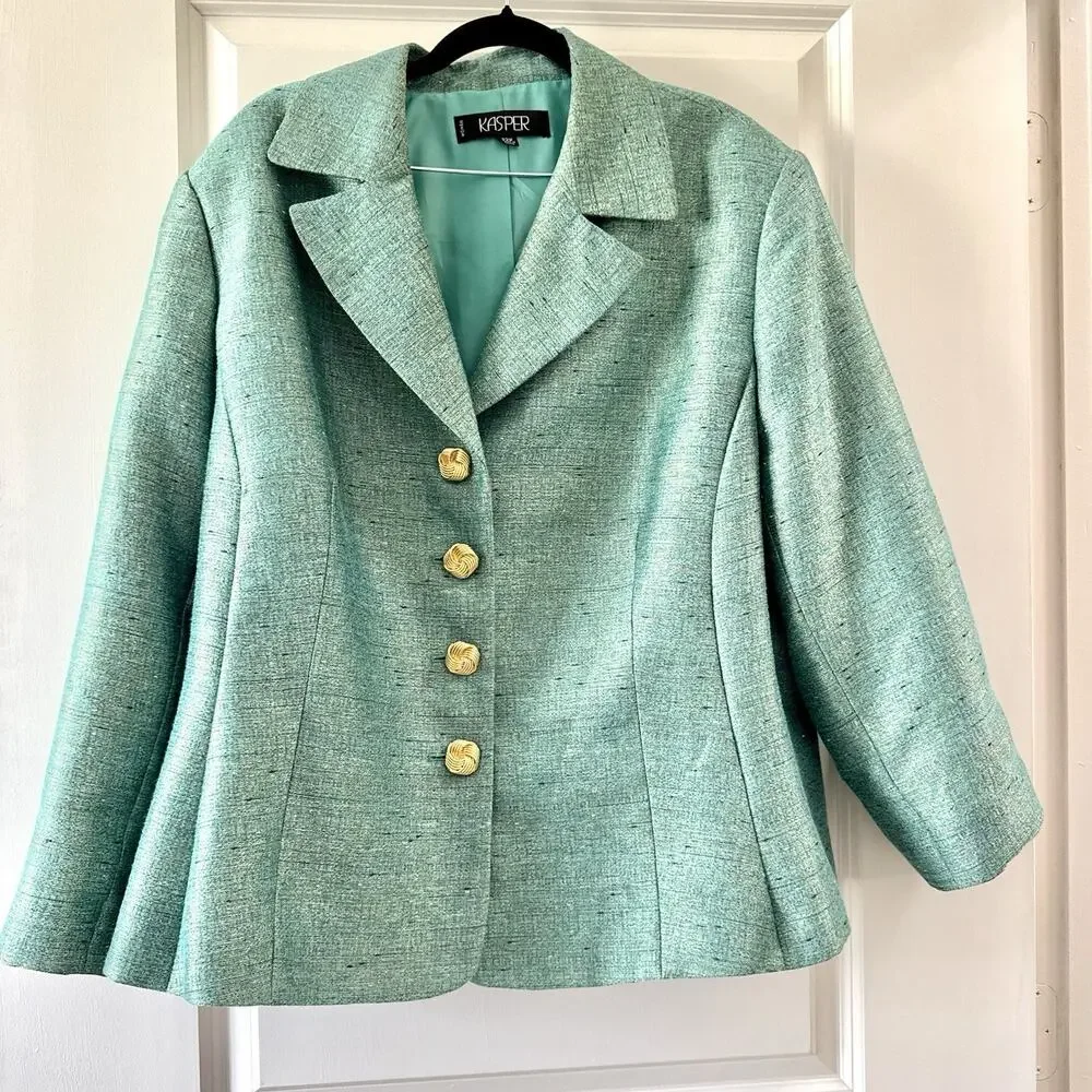 Kasper Woman 22W Green Skirt Suit Blazer Gold Buttons Plus Size Career 2 Piece